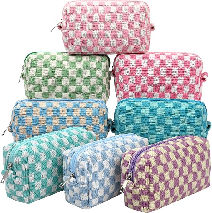 Gilprop 8 Pcs Checkered Makeup Bag for Purse Small Cosmetic Pouch Bulk Portable Zipper Makeup Pouch Travel Toiletry Organizer Gifts for Women Bridesmaid Wedding Party Favors (Colorful 2) by Gilprop