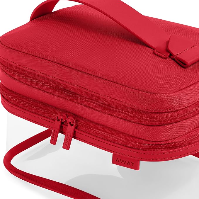 Away Clear Cosmetic Case - Water-Repellent Transparent Cosmetic Bag with 2 Compartments, Brush Holder, Interior Zip Pocket - Cherry Red - Image 3