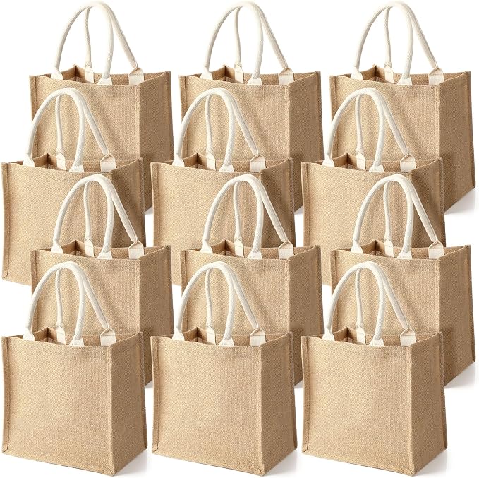 Saintrygo 12 Pcs Burlap Jute Tote Bags with Handle Reusable Blank Bridesmaid Gift Bags for Shopping Wedding DIY, 12x12x7.7In(Jute and White) by Saintrygo