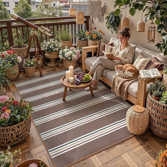 PureCozy Outdoor Waterproof 6x9 Rug for Patio Reversible Plastic Straw Brown Striped Camping Mat Outside Lightweight Large Floor Mat for RV Deck Beach Balcony Picnic Backyard Entry Porch - Image 2