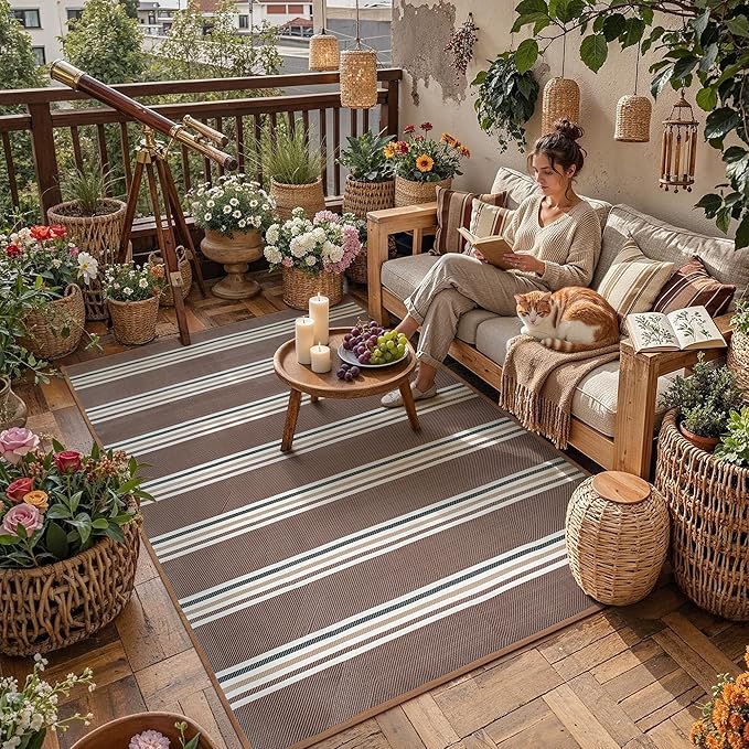 PureCozy Outdoor Waterproof 5x8 Rug for Patio Reversible Plastic Straw Brown Striped Camping Mat Outside Lightweight Large Floor Mat for RV Deck Beach Balcony Picnic Backyard Entry Porch by PureCozy