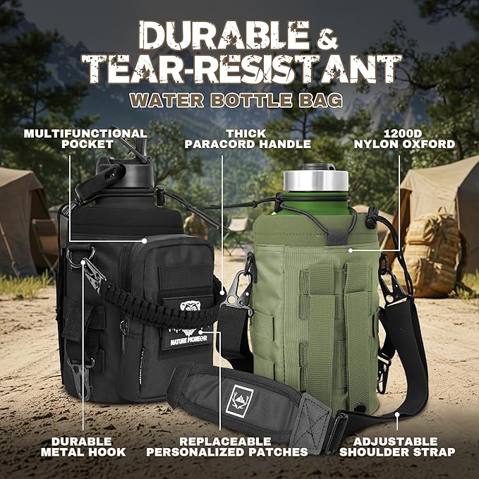 NATURE PIONEOR 64 oz Tactical Water Bottle with MOLLE Bottle Pouch & 3 Lids | 18/8 Food-grade Stainless Steel, Double Vacuum Insulation, 3 Leak-proof Lids, Handle, Strap, Camping, Hiking, Gym, Work - Image 2