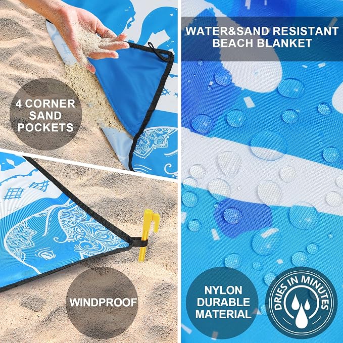 HIHOHO Beach Blanket Waterproof Sandproof Beach Mat for 1-8 Adults Quick Drying Durable Outdoor Picnic Mat for Beach Festival Travel Camping Hiking (Elephant-GC BL, 79"×83"(4 Person)) - Image 4