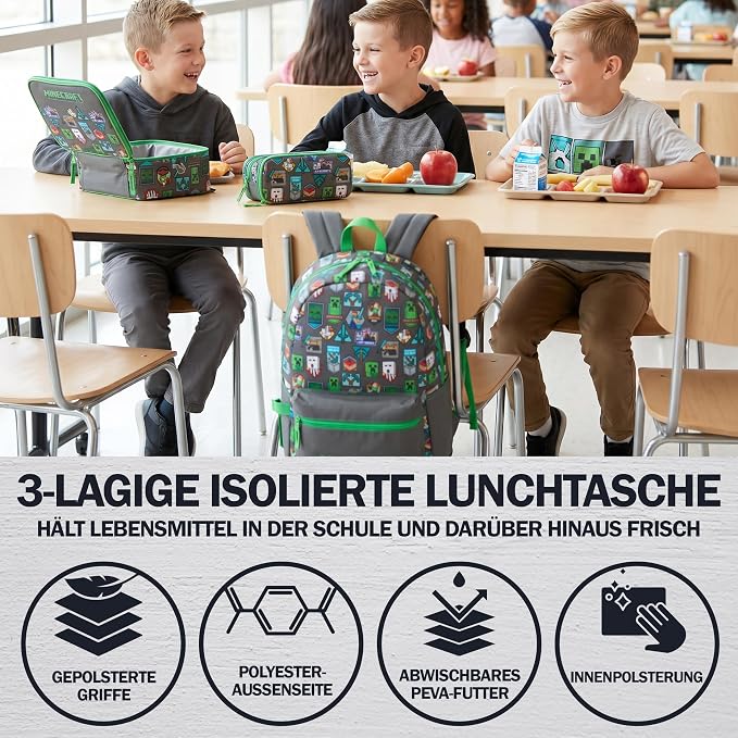 Get Trend Minecraft Kids Backpack Set for Boys with Insulated Lunch Bag & Pencil Case, 3 Pc Book Bag with Padded Straps for School, Travel, Creeper Gamer Gifts for Boys (Grey/Green Minecraft) - Image 3