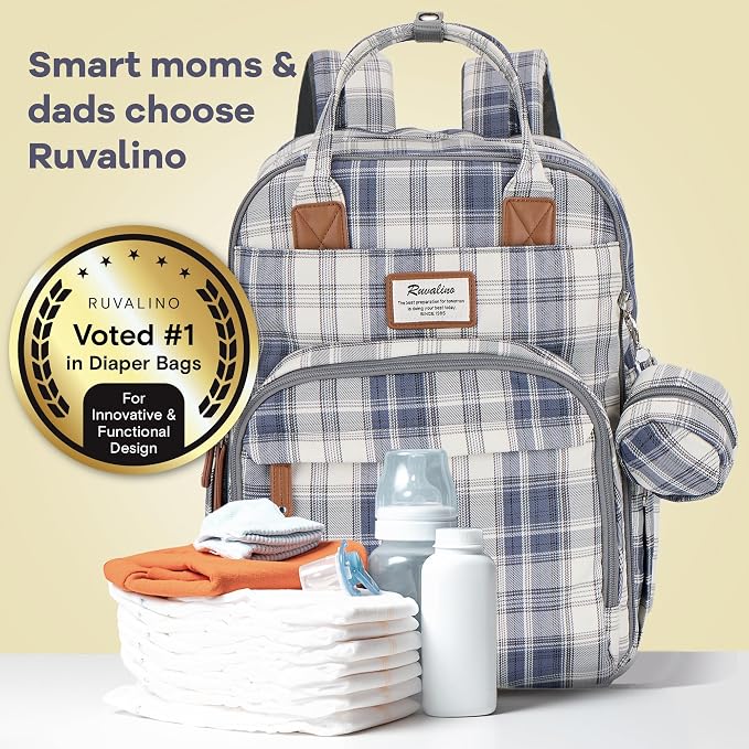 RUVALINO Diaper Bag Backpack, Multifunction Travel Pack Maternity Baby Changing Bags, Large Capacity, Waterproof, Blue Plaid - Image 8