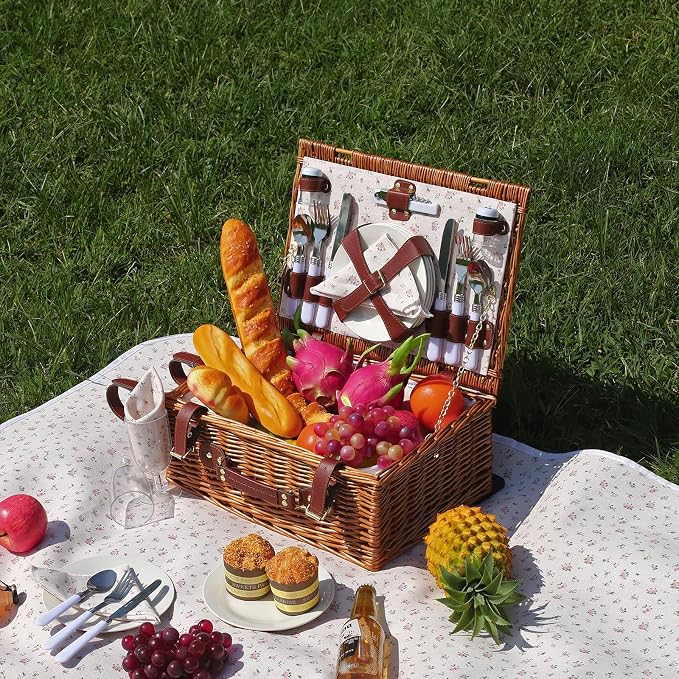 Picnic Baskets Wicker Willow Picnic Set for 4 Persons with Insulated Cooler Bag and White Floral Waterproof Picnic Blanket Gift for Christmas Thanksgiving Wedding Birthday Camp Outdoor Beach Travel - Image 2