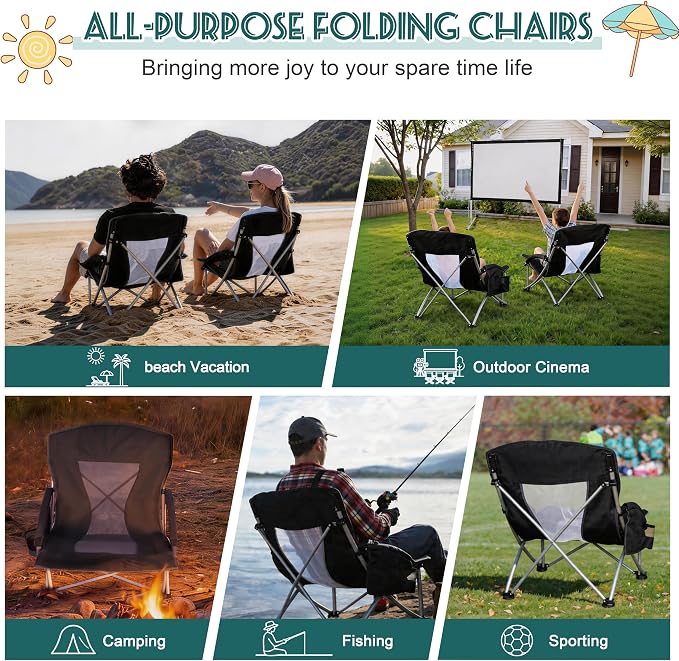 HaSteeL Low Beach Chairs for Adults, Lightweight Camping Folding Chair with Carrying Bag, Portable for Outdoors Lawn Backyard Patio RV Trip Fishing Sport Tailgating, Support 300LBS, Black, 2 Pack - Image 7