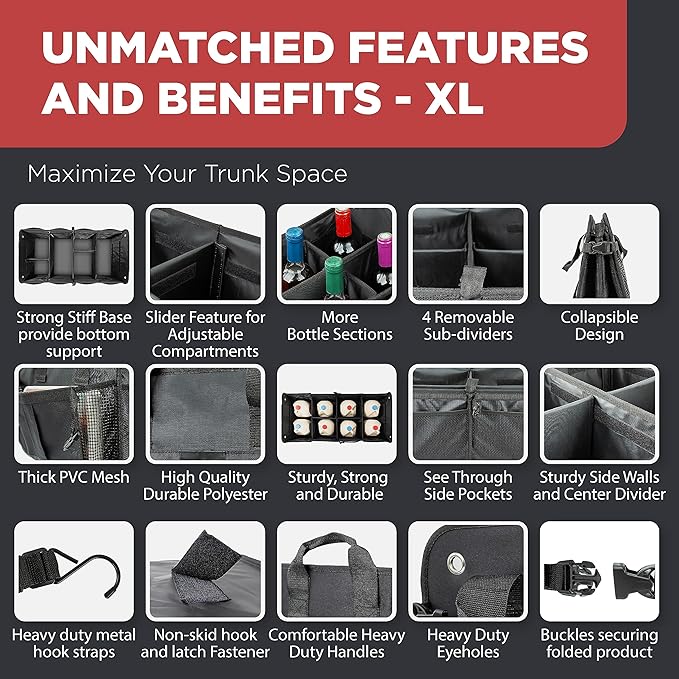 Car Trunk Organizer for SUV, Truck & Auto Cargo Storage, Black, XL | Fits Cars, SUVs & Trucks 6 Adjustable Compartments Non-Slip Base & Securing Straps Foldable 11 Pockets Car Accessories - Image 6
