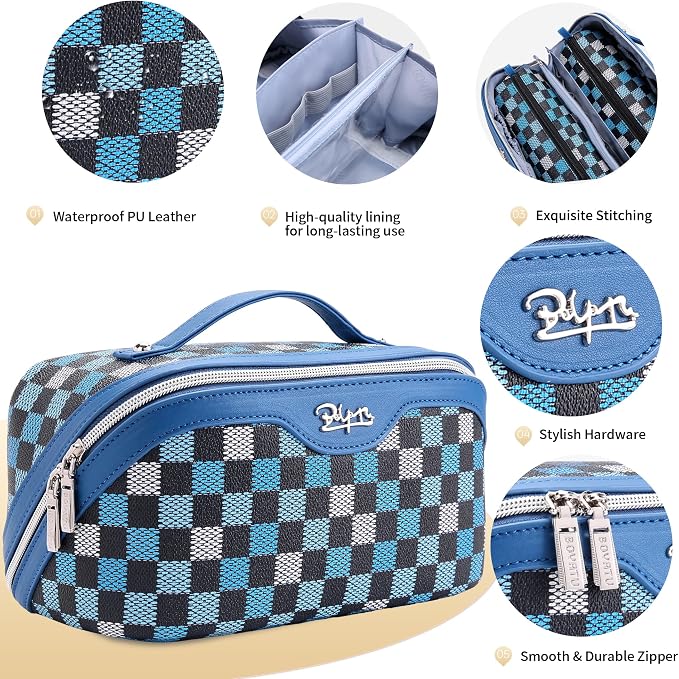 BOYATU Travel Makeup Bag Organizer Cosmetic Bag: 3 Pcs Set Make up Bags for Women with Handle - Waterproof Vegan Leather Toiletry Bag (01-H-Blue) - Image 2