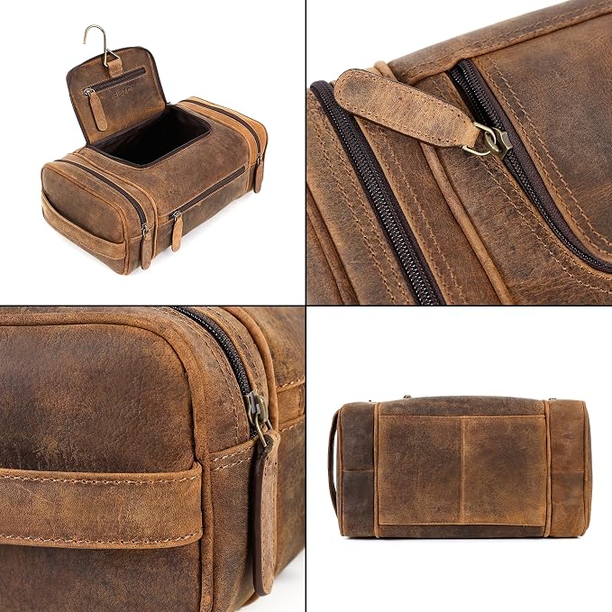 ELIZO Real Leather Toiletry Bag for Men - Extra Large Hanging Travel Organizer for Toiletries, Ideal for Dopp Kit & Shaving Kit for Men, Essential Mens Travel Toiletry Bag for Toiletries (Grizzly) - Image 7