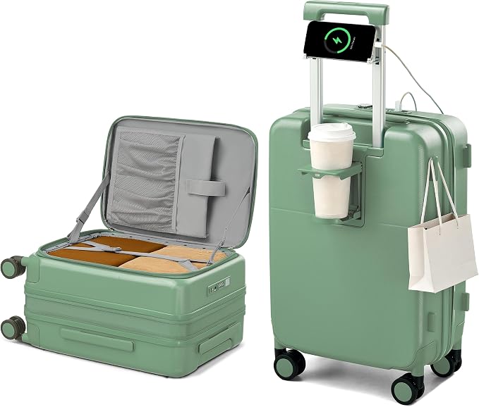 Hanke 20 Inch Expandable Carry On Luggage with Cup Holder 22x14x9 Airline Approved, Top Opening Hard Shell Suitcases with Wheels, Carry-On Travel Suitcase Trunk Luggage with Lock, Forest Green by Hanke