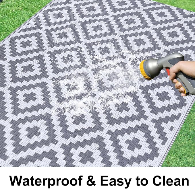 Smiry Waterproof Outdoor Rug 6x9 ft, Reversible Plastic Straw Patio Camping Rugs, Outdoor Indoor RV Mat Carpet for Patio, Outside Entry, Backyard, Deck, Bench, Picnic, Camper, White & Grey - Image 2