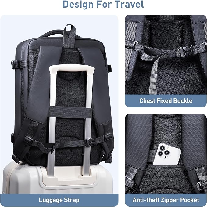 SHOWKOO Laptop Backpack for 17 Inch Laptop, 40L Expandable Large Capacity Backpack, TSA Carry On Travel Backpack with Padded Laptop Compartment, Water-Resistant College & Commuter Bag, Black - Image 7