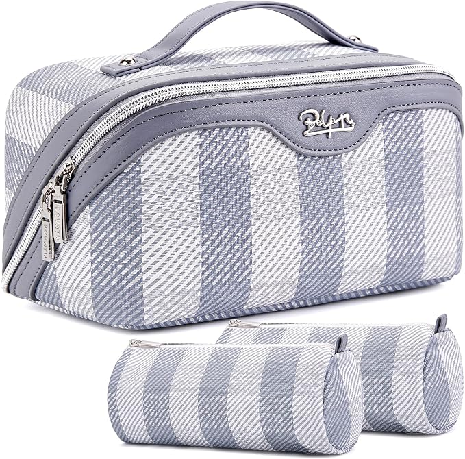 BOYATU Travel Makeup Bag Organizer Cosmetic Bag: 3 Pcs Set Make up Bags for Women with Handle - Waterproof Vegan Leather Toiletry Bags Travel Essentials Pouch with Compartments (F-05-Blue) by BOYATU