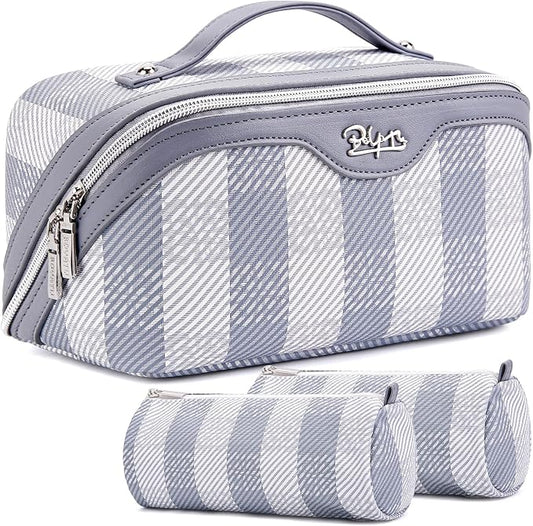 BOYATU Travel Makeup Bag Organizer Cosmetic Bag: 3 Pcs Set Make up Bags for Women with Handle - Waterproof Vegan Leather Toiletry Bags Travel Essentials Pouch with Compartments (F-05-Blue) by BOYATU