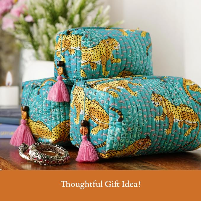 Saffron Marigold Quilted Makeup Bag Set of 3, Hand Block Printed Cotton Cosmetic Bags for Women, Waterproof Lined Travel Toiletry Bag, Coquette Aesthetic, Handmade Gift, Turquoise Cheetah Trails - Image 7