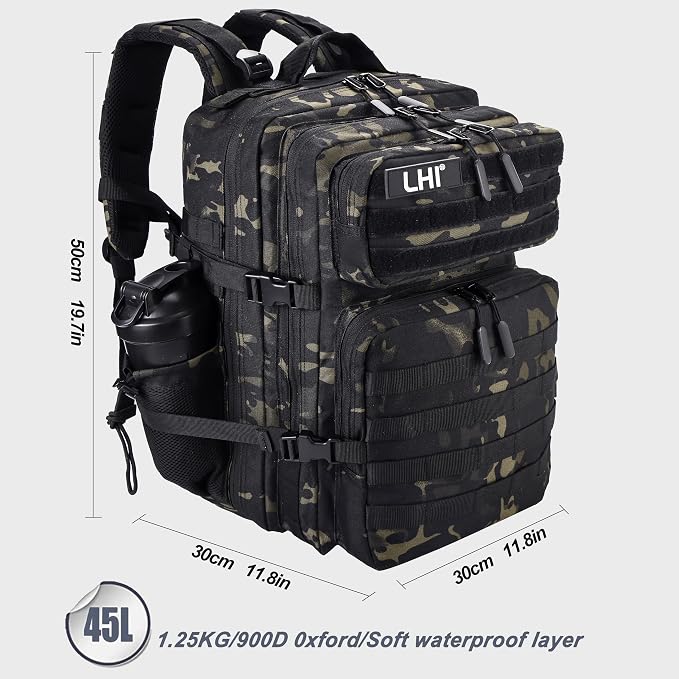 LHI Military Tactical Backpack for Men and Women 45L Army 3 Days Assault Pack Bag Large Rucksack with Shoe Compartment - Black CP - Image 2