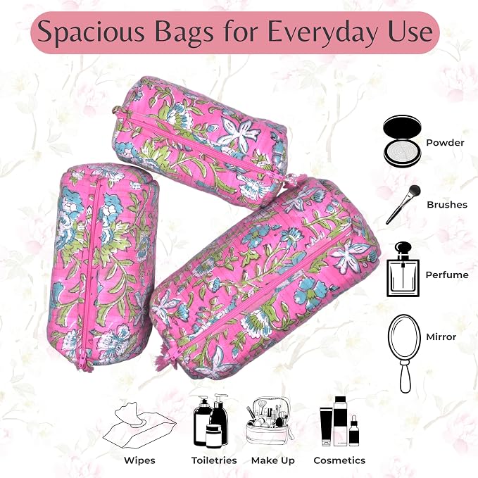 Quilted Floral Block Print Makeup Bag Set of 3 – Cotton Travel Toiletry and Makeup Organizer, Cosmetic Pouch, Toiletry Bag for Women, Cute Boho Coquette Make Up Bags for Women (Small, Medium, Large) - Image 3