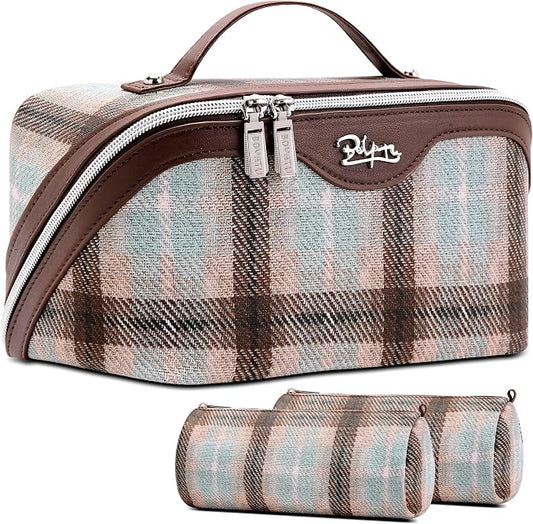 BOYATU Travel Makeup Bag for Women: Scottish Plaid 3 Pcs Set Cosmetic Organizer Bag - 180° Open Large Spacious Holds 50% More Cosmetics - Waterproof Leather Checkered Toiletry Bag (03-Beige) by BOYATU
