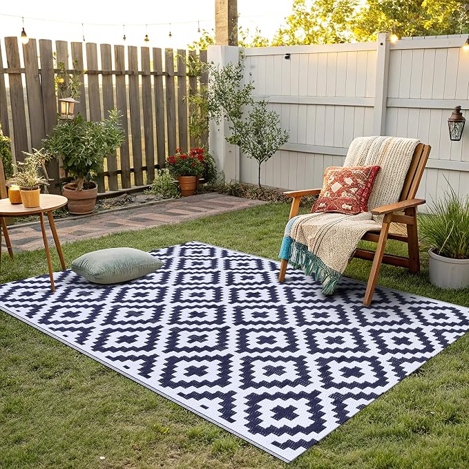 Smiry Waterproof Outdoor Rug 4x6 ft, Reversible Plastic Straw Patio Camping Rugs, Outdoor Indoor RV Mat Carpet for Patio, Outside Entry, Backyard, Deck, Bench, Picnic, Camper, White & Navy - Image 6
