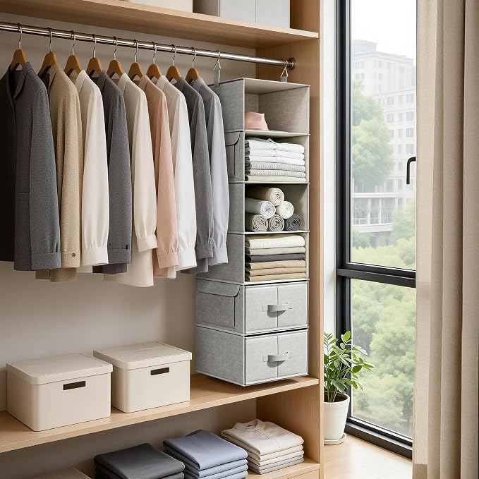 Vailando 6-Shelf Hanging Closet Organizer with 3 Drawers, Closet Hanging Shelves with Removable Fabric Drawers for Wardrobe, Nursery & Dorm Storage, Silver Gray - Image 7