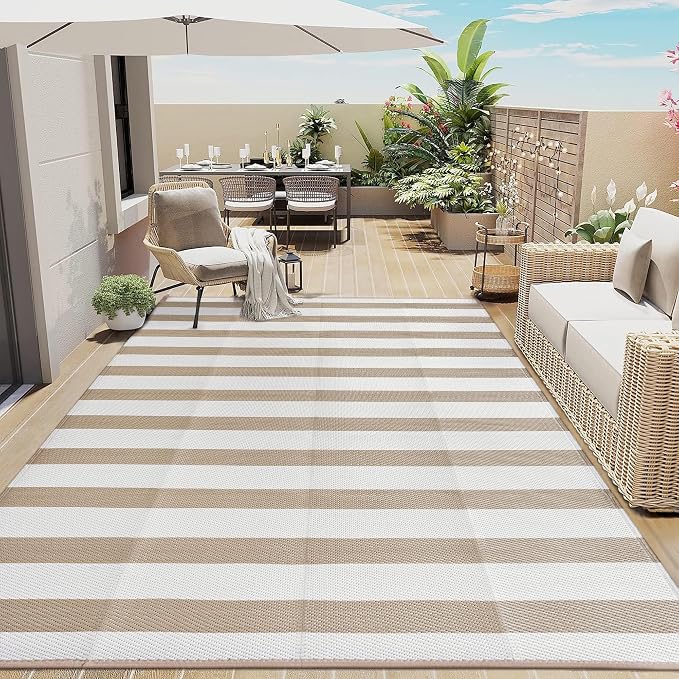 PureCozy Outdoor Waterproof Patio Rug 10x14 Plastic Straw Reversible Lightweight Outside Beige Striped Large Carpet Outdoor for Camping RV Porch Deck Balcony Beach by PureCozy