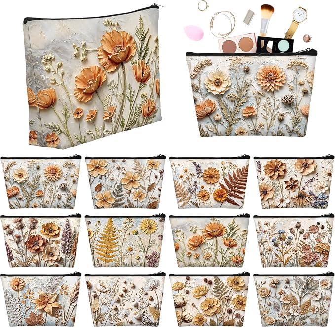 Sweetude 12 Pcs Fall Relief Flowers Makeup Bag Bulk Orange Autumn Portable Travel Cosmetic Bag with Zipper Fall Floral Waterproof Roomy Travel Toiletry Organizer Storage Beauty Pouch for Women Gifts by Sweetude