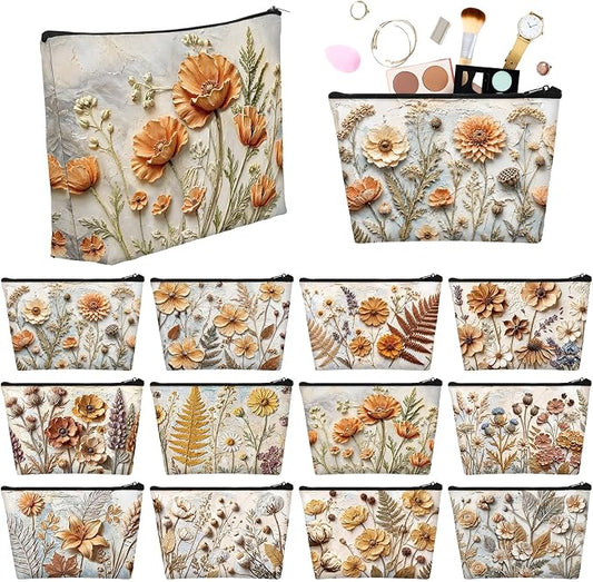 Sweetude 12 Pcs Fall Relief Flowers Makeup Bag Bulk Orange Autumn Portable Travel Cosmetic Bag with Zipper Fall Floral Waterproof Roomy Travel Toiletry Organizer Storage Beauty Pouch for Women Gifts by Sweetude