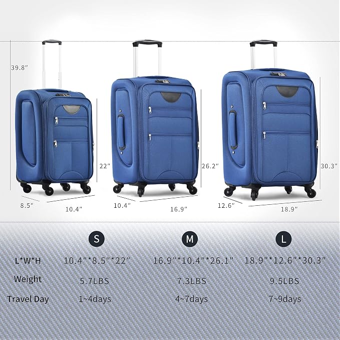 Merax Softside Luggage Set, Travel Suitcase Expandable Lightweight 3 Piece | Luggage Sets with Spinner Wheels 22" 26" 30" Suitcase with TSA Lock (Navy Blue) - Image 7
