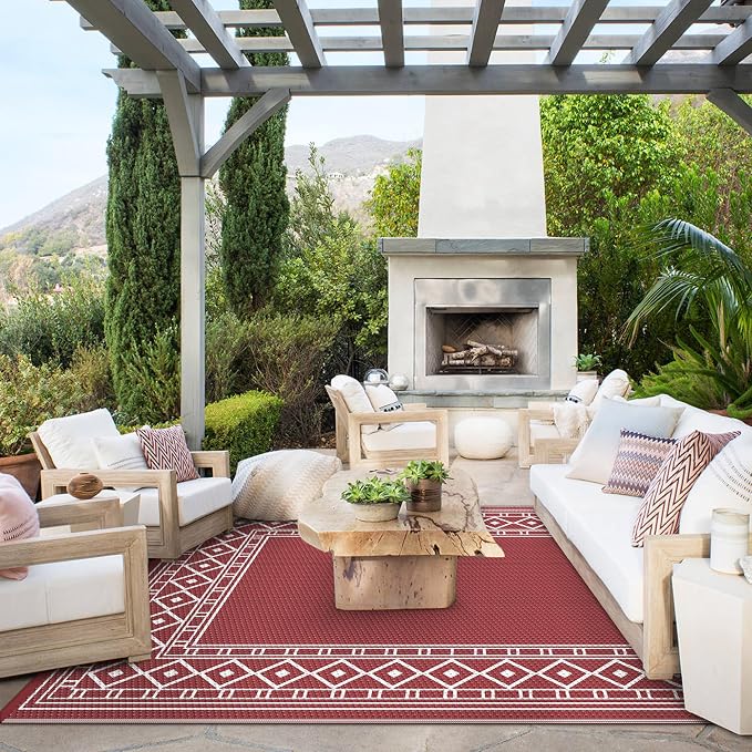 GENIMO Outdoor Rug, Waterproof Plastic Rugs for Patio, 6'x9' Red White | Outside Larger Modern Carpet Mat for Porch Decor, Deck, Balcony, Camping, RV, Backyard, Picnic, Beach, Reversible - Image 2