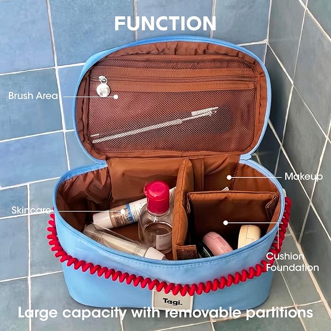 Tagi. Callme Hotdog Large Capacity Travel Makeup Bag, Waterproof Polyester Cosmetic Bag for Women, Wide-Open Flat Pouch for Toiletry & Travel, Portable Organizer with Handle & Dividers - Image 3