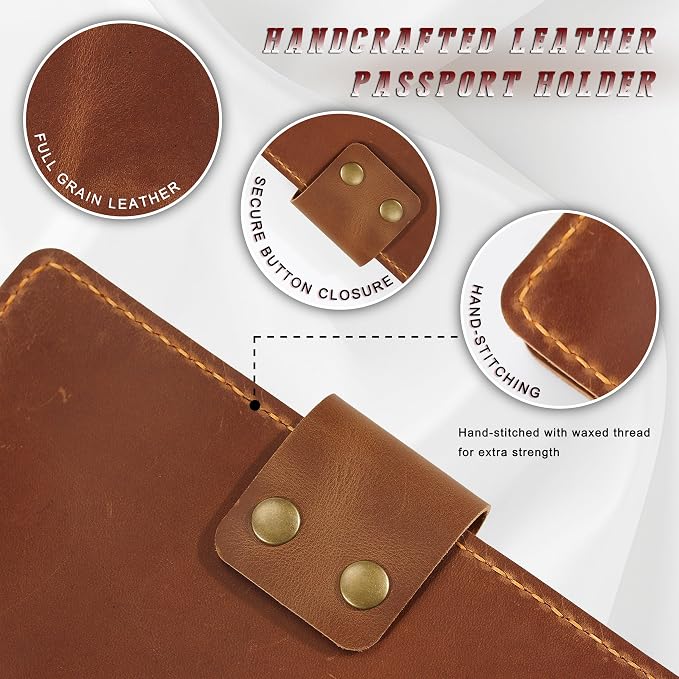 Handmade Genuine Leather Family Passport Holder | Travel Document Organizer Holds 4 Passports | Vintage Wristlet Wallet with Credit Card Slots (Brown) - Image 4
