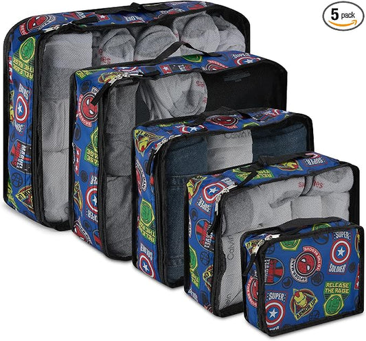 Marvel Comics 5-Piece Packing Cube Set - Spiderman, Ironman, Captain America - 5 Piece Packing Cubes Compression Travel Essential Accessories - Luggage Suitcase Organizer Set - For Kids, Adults by Marvel