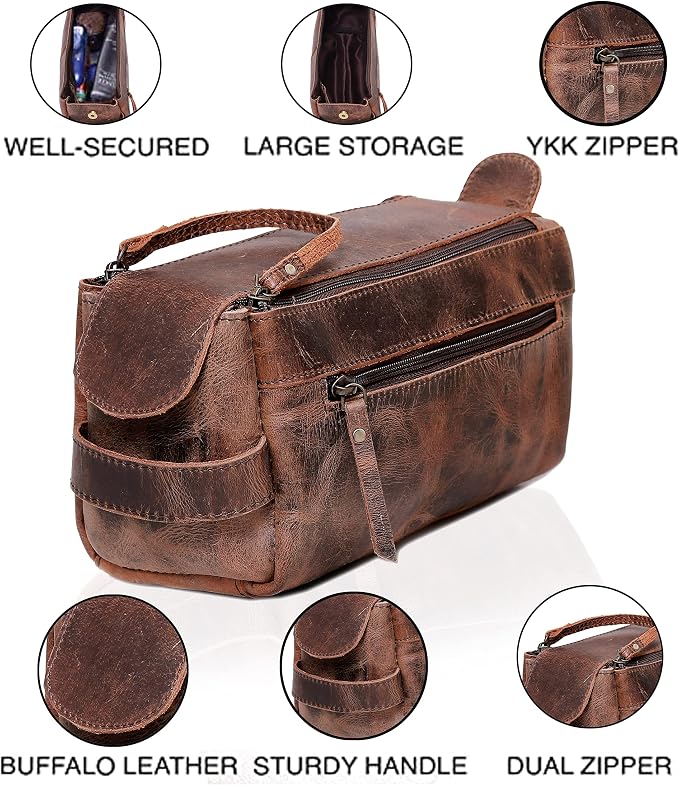 cuero Genuine Buffalo Leather Unisex Toiletry Bag Travel Leather Dopp Kit Made With High Class Buffalo Leather - Image 4