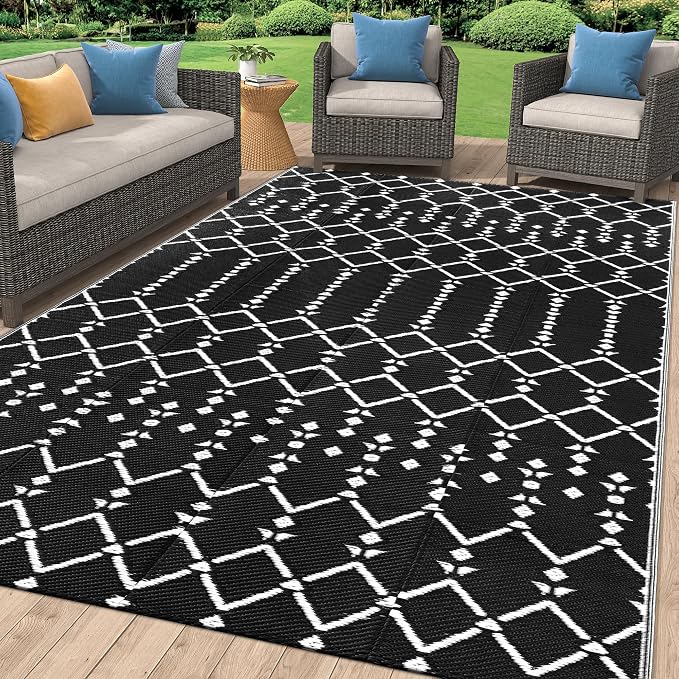 Smiry Outdoor Rug 6x9 ft, Waterproof Reversible Plastic Straw Rugs, Boho Outdoor Area Rug, Outside Floor Mat for Patio, Backyard, Deck, Picnic, Beach, Camping, Black by Smiry