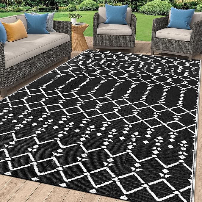 Smiry Outdoor Rug 9x12 ft, Waterproof Reversible Plastic Straw Rugs, Boho Outdoor Area Rug, Outside Floor Mat for Patio, Backyard, Deck, Picnic, Beach, Camping, Black by Smiry