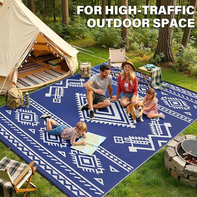 GOTGELIF 9x12 ft RV Camping Rug Waterproof, Large Reversible Bohemian Outdoor Plastic Straw Mat with Carry Bag, 4 Stakes & Seam, UV-Resistant Portable Carpet for Patio Pool Beach Deck (Blue & White) - Image 8