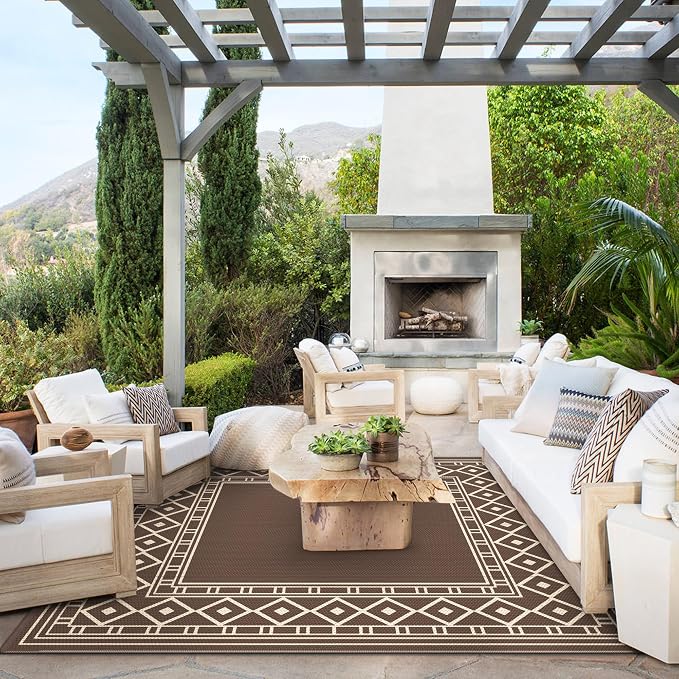 GENIMO Outdoor Rug, Waterproof Plastic Rugs for Patio, 10'x10' Coffee Beige | Outside Larger Modern Carpet Mat for Porch Decor, Deck, Balcony, Camping, RV, Backyard, Picnic, Beach, Reversible - Image 2