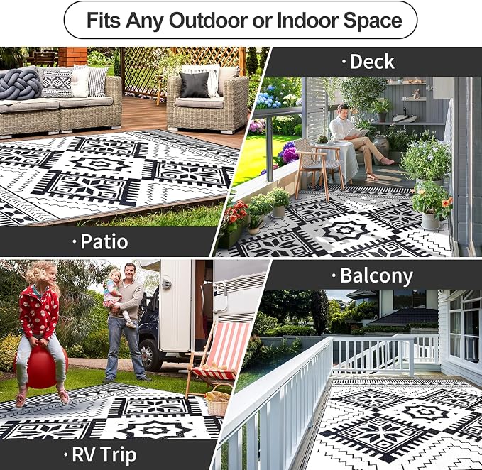 Waterproof Outdoor Rug 9x12ft, Boho Reversible Plastic Straw Mat for Patio RV Deck Porch Backyard Balcony Camping Picnic Beach Indoor Outdoor Carpet, Black&White - Image 4
