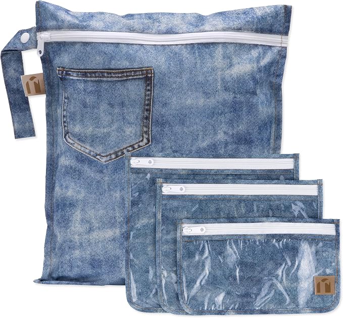 Bumkins Roamio Wet Bag and 3-Pack Clear-Sided Travel Pouches, Waterproof Fabric Organizer for Toiletries, Gym Clothes, Swim Gear, Shoes, Accessories, TSA Compliant Packing Set, Faux Denim 4-pc Set by Bumkins