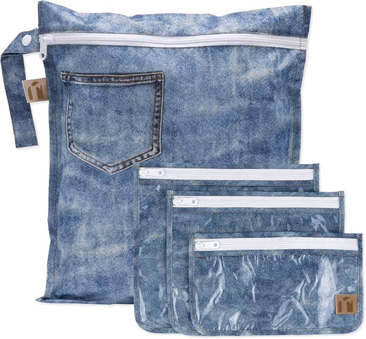 Bumkins Roamio Wet Bag and 3-Pack Clear-Sided Travel Pouches, Waterproof Fabric Organizer for Toiletries, Gym Clothes, Swim Gear, Shoes, Accessories, TSA Compliant Packing Set, Faux Denim 4-pc Set by Bumkins