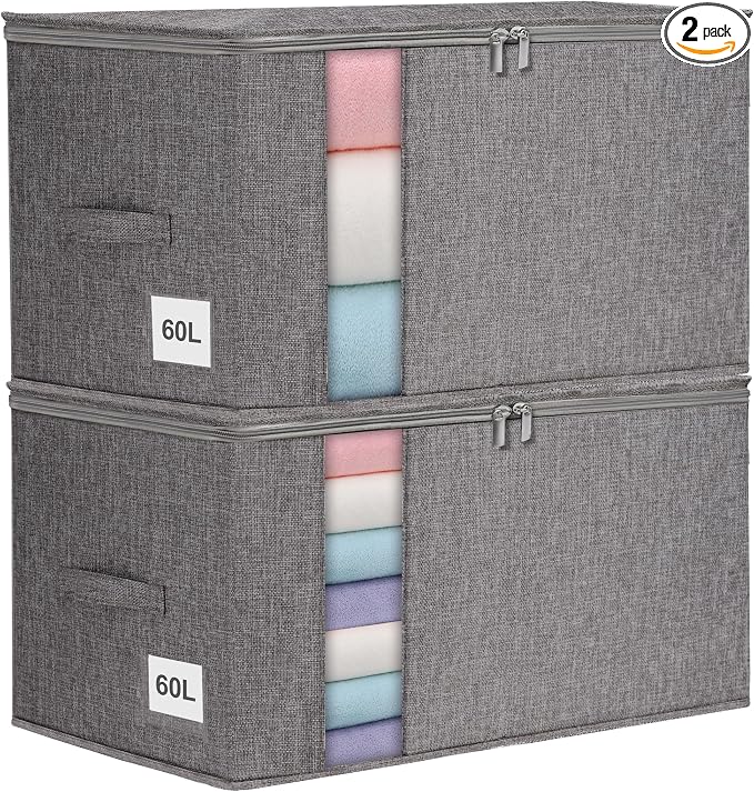 punemi Comforter Storage Bag, Large Blanket Storage Bags with Sturdy Structure, Zipper & 2 Handles for King/Queen Comforters, Quilts, Duvets, Pillows, Bedding and Clothes, 21.7x14.2x11.8in, 2 Pack by Punemi