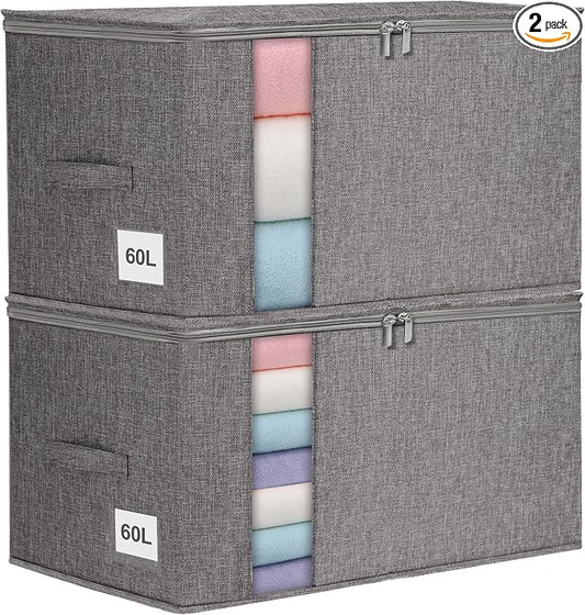 punemi Comforter Storage Bag, Large Blanket Storage Bags with Sturdy Structure, Zipper & 2 Handles for King/Queen Comforters, Quilts, Duvets, Pillows, Bedding and Clothes, 21.7x14.2x11.8in, 2 Pack by Punemi