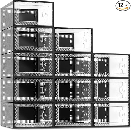 SEE SPRING 12 Pack Shoe Storage Box, Clear Plastic Stackable Shoe Organizer for Closet, Space Saving Shoe Rack for Entryway Sneaker Container Bin Holder (Black) by SEESPRING