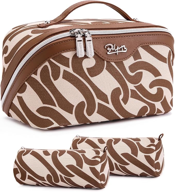 BOYATU Travel Makeup Bag for Women: Large Capacity 3-Piece Cosmetic & Toiletry Organizer - Expands Storage by 50% with 2 Detachable Pouches,Opens Flat for Easy Packing,Waterproof PU Leather(Brown) by BOYATU