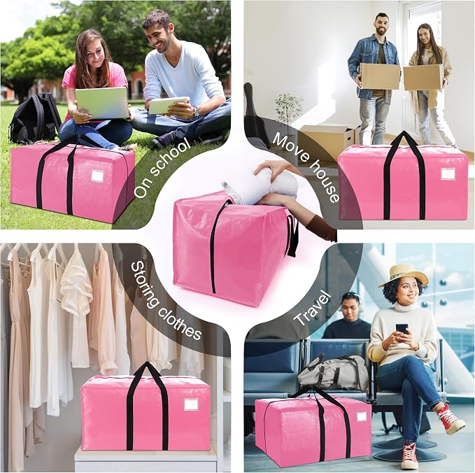 VELVETSURE 6 Pack Heavy Duty Large Moving Bags W/Backpack Straps - Strong Handles & Zippers, Storage Totes For Space Saving, Fold Flat, Alternative to Moving Box and Storage Bin, Pink - Image 6