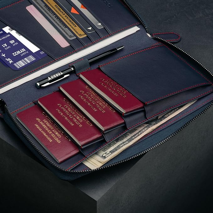 TORRO Premium Leather Family Travel Wallet, RFID Blocking Travel Organizer, Family Passport Holder for 4 Passports, Travel Documents and Cards (Navy Blue) - Image 5