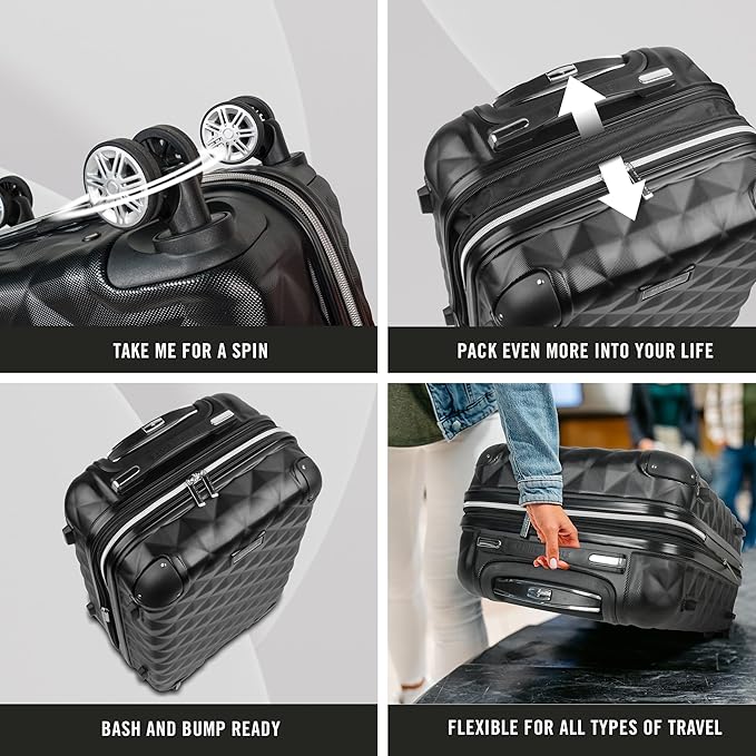 Kenneth Cole REACTION Diamond Tower Collection Lightweight Hardside Expandable 8-Wheel Spinner Travel Luggage, Black, 2-Piece Set (20" & 28") - Image 5