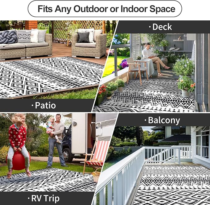 Waterproof Outdoor Rug 9x12ft, Bohemia Reversible Plastic Straw Mat for Patio RV Deck Porch Backyard Balcony Camping Picnic Beach Indoor Outdoor Carpet, Black&White - Image 4