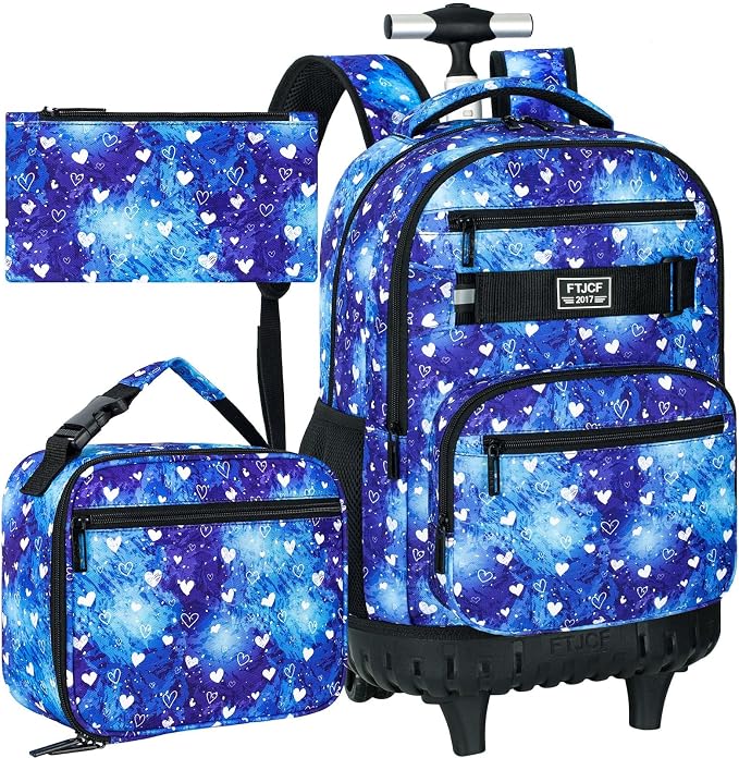 3Pcs Rolling Backpack for Girls, 19 Inche Women Roller Bag with Wheels for Adults, Wheeled Bookbag with Lunch Box(Blue) by FTJCF